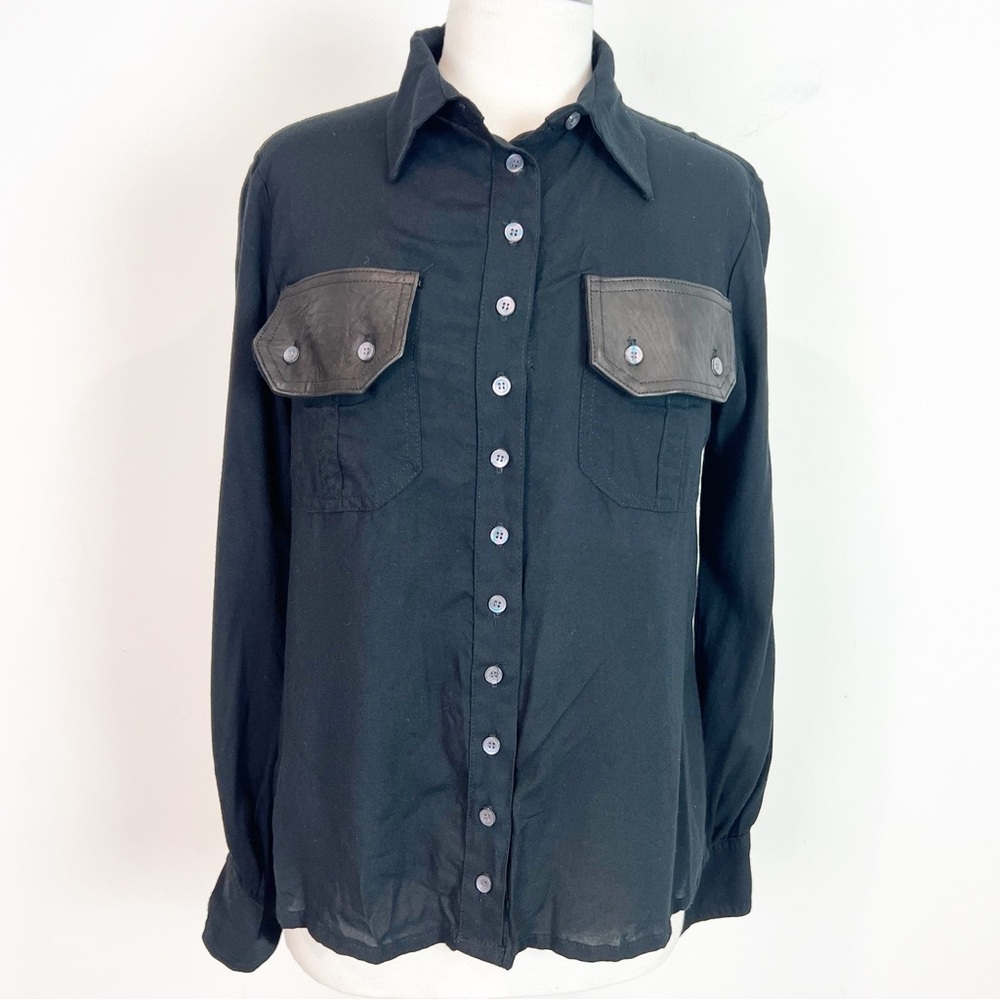 MORRISON GREY BLACK BLOUSE FAUX LEATHER FLAP BREAST POCKETS WOMENS SZ XS